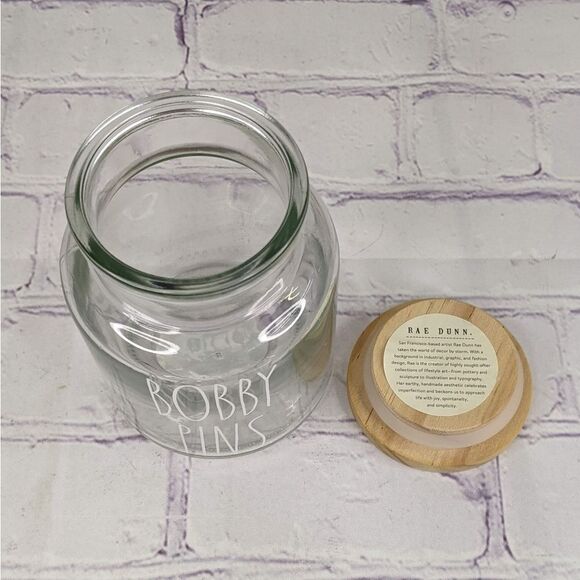 Rae Dunn BOBBY PINS Glass Jar Storage Container with Wooden Lid - Picture 3 of 6